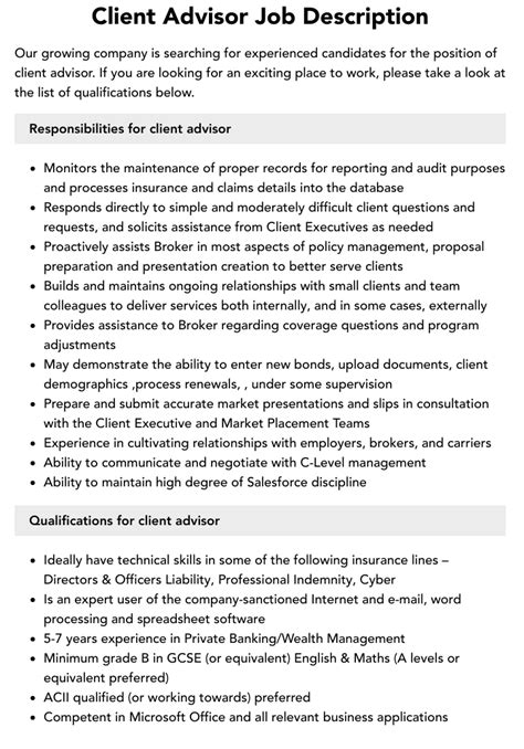 Client Advisor Job Details 